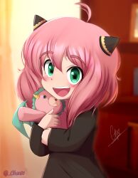 Rule 34 | 1girl, :d, absurdres, ahoge, anya (spy x family), artist name, blush, chenki, child, doll, dress, green eyes, hair between eyes, hairpods, highres, holding, holding doll, indoors, long sleeves, open mouth, pink hair, signature, smile, spy x family, teeth, upper teeth only, watermark