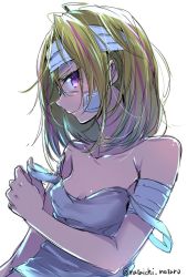Rule 34 | 1girl, bandages, bandaged arm, bandaged head, bare shoulders, blonde hair, breasts, collarbone, eyepatch, flip flappers, from side, jpeg artifacts, looking at viewer, mataichi mataro, multicolored hair, profile, purple eyes, serious, shirt, shirt slip, short hair, simple background, sketch, sleeveless, sleeveless shirt, small breasts, solo, strap pull, strap slip, streaked hair, tank top, twitter username, undressing, upper body, white background, yayaka