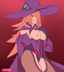 Rule 34 | 1girl, absurdres, arc system works, black sclera, blazblue, breasts, colored sclera, hair over one eye, hat, highres, kalruna, konoe a. mercury, red hair, witch hat, yellow eyes