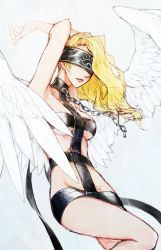 Rule 34 | 1girl, angel, angel (megami tensei), angel wings, blindfold, blonde hair, bondage outfit, breasts, chain, collar, feathered wings, labombardier!, shin megami tensei, simple background, solo, wings