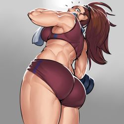 Rule 34 | 1girl, absurdres, ass, bad id, bad twitter id, bare shoulders, breasts, brown eyes, brown hair, buruma, captain mizuki, cowboy shot, dumbbell, from below, from side, gradient background, grey background, highres, krekkov, looking at viewer, medium breasts, midriff, muscular, muscular female, one-punch man, ponytail, sideboob, solo, sports bra, standing, surprised, thick thighs, thighs, toned, towel