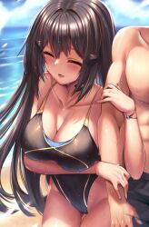 Rule 34 | 1boy, 1girl, arm under breasts, beach, black hair, black male swimwear, black one-piece swimsuit, blue sky, bracelet, breasts, cleavage, closed eyes, cloud, collarbone, competition swimsuit, dandelion (girls&#039; frontline), girls&#039; frontline, hair ornament, highleg, highleg swimsuit, highres, holding another&#039;s arm, jewelry, large breasts, long hair, looking ahead, male swimwear, ocean, one-piece swimsuit, open mouth, sand, sky, solo focus, swimsuit, water, wet, wet clothes, wet swimsuit, xlscaler