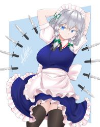 Rule 34 | 1girl, absurdres, apron, arms behind head, black ribbon, black thighhighs, blue background, blue dress, blue eyes, border, bow, braid, breasts, closed mouth, cowboy shot, dated, dress, frilled dress, frills, green bow, hair between eyes, hair bow, highres, izayoi sakuya, knife, large breasts, maid headdress, medium hair, natch imaycz, neck ribbon, puffy short sleeves, puffy sleeves, ribbon, short sleeves, side braids, signature, silver hair, simple background, smile, solo, standing, thighhighs, touhou, twin braids, waist apron, white apron, white border