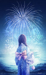 Rule 34 | 1girl, absurdres, amenomori howa, back bow, blue kimono, blue sky, bow, braid, brown hair, cloud, cloudy sky, fireworks, from behind, highres, holding, japanese clothes, kimono, light particles, looking up, mountainous horizon, night, original, pink bow, print kimono, scenery, sky, solo, twin braids