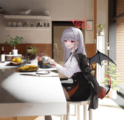 Rule 34 | 1girl, black necktie, black skirt, black wings, blue archive, bow, braid, breakfast, collared shirt, commentary, cup, demon tail, demon wings, from side, grey hair, hair bow, hair intakes, halo, haruna (blue archive), hat, high-waist skirt, highres, holding, holding cup, indoors, jacket, jacket on shoulders, long hair, long sleeves, long table, looking at viewer, necktie, on chair, plant, plate, potted plant, red eyes, red halo, shirt, single braid, single wing, sitting, skirt, solo, sunj000, table, tail, unworn hat, unworn headwear, white shirt, wings, yellow bow