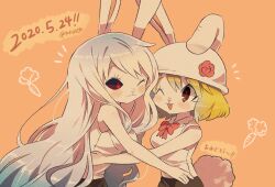 Rule 34 | 1girl, animal ears, blonde hair, blush, brown eyes, carrot, carrot (one piece), commentary request, cowboy shot, dated, hair between eyes, hat, hug, long hair, looking at another, notice lines, one eye closed, one piece, orange background, rabbit ears, rabbit girl, rabbit tail, red eyes, shirt, short hair, sleeveless, sleeveless shirt, smile, sulong form, tail, tokuura, twitter username, very long hair, white hair, white shirt