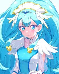 Rule 34 | 1girl, blue eyes, blue hair, blush, breasts, collarbone, cure ange, dress, earrings, hair ornament, hat, head wings, heart pouch, highres, hugtto! precure, jewelry, kyoutsuugengo, long hair, looking at viewer, magical girl, nurse cap, precure, see-through, see-through sleeves, small breasts, smile, solo, thick eyelashes, very long hair, wings, wrist cuffs, yakushiji saaya