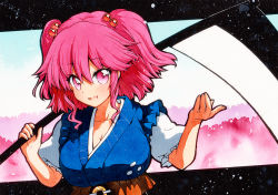 Rule 34 | 1girl, belt, black border, blue dress, blue sky, border, braid, breasts, brown belt, cherry blossoms, dress, hair between eyes, hands up, looking at viewer, md5 mismatch, medium breasts, onozuka komachi, open mouth, pink background, pink eyes, pink hair, qqqrinkappp, scythe, short hair, short sleeves, short twintails, sky, smile, solo, touhou, traditional media, twintails, white sleeves