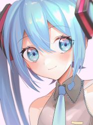 Rule 34 | 1girl, absurdres, bare shoulders, blue eyes, blue hair, blue necktie, commentary, gouya daifuku, grey shirt, hatsune miku, highres, huge filesize, long hair, necktie, shirt, sleeveless, sleeveless shirt, smile, solo, twintails, very long hair, vocaloid
