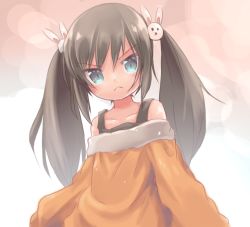 Rule 34 | &gt;:(, 1girl, :x, angry, aoi tori, bad id, bad pixiv id, blue eyes, blush, rabbit hair ornament, camisole, frown, full-body blush, hair ornament, original, oversized clothes, shirt, solo, twintails, v-shaped eyebrows