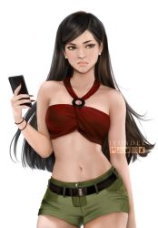 Rule 34 | &gt;:(, 1girl, bracelet, breasts, brown eyes, brown hair, cellphone, disgust, earrings, green shorts, heather (total drama), holding, holding phone, jewelry, jyundee, long hair, looking at viewer, medium breasts, navel, phone, realistic, red nails, red tank top, short shorts, shorts, smartphone, tank top, total drama, v-shaped eyebrows