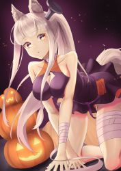 Rule 34 | 1girl, absurdres, all fours, animal ear fluff, animal ears, arknights, bandaged leg, bandages, bare shoulders, breasts, cleavage, cleavage cutout, clothing cutout, commentary request, covered collarbone, dress, halloween, halter dress, halterneck, highres, hitsuji no rice, jack-o&#039;-lantern, large breasts, long hair, looking at viewer, platinum (arknights), pumpkin, purple background, purple dress, short dress, silver hair, sleeveless, sleeveless dress, solo, thighs, very long hair, wrist wrap, yellow eyes