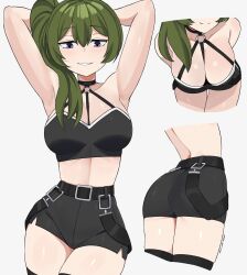 Rule 34 | 1girl, absurdres, alternate costume, armpits, arms behind back, arms behind head, arms up, ass, bare shoulders, belt, black choker, black shorts, breasts, choker, cleavage, collarbone, commentary, contrapposto, cowboy shot, crop top, downblouse, english commentary, green hair, hair between eyes, highres, large breasts, leaning forward, linea alba, long hair, looking at viewer, midriff, multiple views, navel, peps art, ponytail, purple eyes, short shorts, shorts, side ponytail, sidelocks, simple background, skindentation, smile, solo, sousou no frieren, standing, stomach, thigh gap, thighhighs, thighs, twitter username, ubel (sousou no frieren), white background