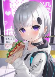 Rule 34 | 1girl, backpack, bag, black collar, black nails, blunt bangs, blush, collar, commentary request, ear piercing, earrings, food, food on face, grey hair, hair ornament, hairclip, heart, highres, holding, holding food, hood, hood down, hoodie, hot dog, jewelry, long sleeves, looking at viewer, mole, mole under eye, multicolored nails, nail polish, original, parted lips, piercing, pixelated, puffy long sleeves, puffy sleeves, purple eyes, purple nails, sleeves past wrists, solo, tsukiman, upper body, white hoodie
