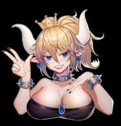 Rule 34 | 1girl, armlet, bare shoulders, black collar, black dress, black nails, blonde hair, blue eyes, bowsette, bracelet, breasts, cleavage, collar, crown, dress, earrings, gem, horns, jewelry, large breasts, long hair, looking at viewer, mario (series), nail polish, new super mario bros. u deluxe, nintendo, pointy ears, ponytail, sharp teeth, smile, solo, spiked armlet, spiked bracelet, spiked collar, spiked shell, spikes, strapless, strapless dress, super crown, teeth, turtle shell, upper body