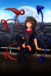 Rule 34 | 1girl, ai ai gasa, asymmetrical wings, black dress, black hair, black thighhighs, blue sky, brick wall, cityscape, cloud, day, dress, expressionless, full moon, head tilt, highres, houjuu nue, knee up, looking at viewer, messy hair, moon, no shoes, railing, red eyes, ribbon, short hair, short sleeves, sitting, sitting on object, sky, solo, thcapenxer1234, thighhighs, touhou, wings