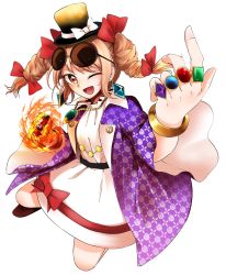 Rule 34 | 1girl, bangle, bow, bracelet, burning, clenched hand, coat, dress, drill hair, earrings, eyewear on head, fire, flaming hand, floral print, hair bow, hat, hat bow, highres, jewelry, kaisenpurin, multiple hair bows, necklace, one eye closed, open mouth, orange eyes, orange hair, ribbon, ring, smile, solo, sunglasses, top hat, touhou, twin drills, white dress, yorigami jo&#039;on
