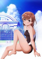 Rule 34 | 1girl, 2020, 20s, bad id, bad twitter id, bare shoulders, barefoot, black one-piece swimsuit, blush, breasts, brown eyes, brown hair, chain-link fence, collarbone, competition school swimsuit, competition swimsuit, fence, isshi pyuma, looking at viewer, matching hair/eyes, misaka mikoto, one-piece swimsuit, outdoors, pool, poolside, school swimsuit, shiny skin, short hair, sitting, small breasts, smile, solo, swimsuit, toaru kagaku no railgun, toaru majutsu no index, tokiwadai school swimsuit, water