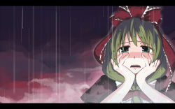 Rule 34 | 1girl, crying, crying with eyes open, female focus, front ponytail, gothic lolita, green eyes, green hair, hair ribbon, hands on another&#039;s face, hands on own face, kagiyama hina, letterboxed, lolita fashion, matching hair/eyes, open mouth, rain, ribbon, solo, takuzui, tears, touhou