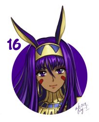 Rule 34 | 1girl, 2019, animal ears, closed mouth, dark-skinned female, dark skin, dated, earrings, fate/grand order, fate (series), hair between eyes, headband, jewelry, kay-i, long hair, looking at viewer, nitocris (fate), portrait, purple eyes, purple hair, signature, simple background, smile, solo, white background, yellow headband