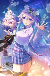 Rule 34 | 1girl, absurdres, black bow, black thighhighs, blue eyes, blue hair, blue skirt, blush, bouquet, bow, bowtie, braid, breasts, cardigan, collared shirt, colored inner hair, flower, from side, head wreath, highres, holding, holding bouquet, kka kka, korean commentary, long hair, looking at viewer, medium breasts, mixed-language commentary, multicolored hair, nijisanji, nijisanji kr, nun bora, nun bora (2nd costume), pink bow, pink bowtie, pink flower, pink shirt, purple cardigan, purple hair, ribbon, school uniform, shirt, shirt tucked in, short hair, side braid, skirt, smile, solo, string, string of fate, thighhighs, virtual youtuber, white flower, yellow ribbon