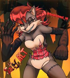 Rule 34 | 1girl, artist name, blood, character name, claws, closed eyes, danishakmal 04, florest, guro, highres, long arms, red eyes, sally.alt (sonic.exe), sally acorn, sewing, sharp teeth, short hair, smile, sonic.exe, sonic (series), teeth, tree, visible muscle