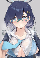 Rule 34 | 1girl, blue archive, blue eyes, blue hair, blue necktie, blush, breasts, chihiro (blue archive), cleavage cutout, clothing cutout, glasses, hair ornament, highres, large breasts, necktie, oza osuwari, paizuri invitation