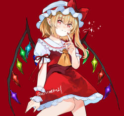 Rule 34 | 1girl, blonde hair, bow, flandre scarlet, hat, highres, long hair, niseneko (mofumofu ga ienai), rainbow wings, red background, red bow, red eyes, red nails, red shirt, red skirt, shirt, skirt, smile, solo, touhou, white hat