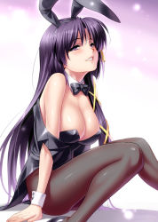 Rule 34 | 1girl, animal ears, black hair, blush, bow, bowtie, breasts, cleavage, detached collar, fake animal ears, hair ribbon, highres, kurugaya yuiko, large breasts, little busters!, long hair, pantyhose, parted lips, playboy bunny, purple eyes, rabbit ears, ribbon, sitting, solo, tailcoat, very long hair, wrist cuffs, zen