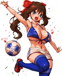 Rule 34 | 1girl, 2022 fifa world cup, amania orz, arm up, armpits, arrow (symbol), ball, bikini, bikini top only, blue bikini, blue thighhighs, blush, breasts, brown hair, character request, cleavage, confetti, copyright request, hair ribbon, highres, huge breasts, leg up, long hair, mole, mole under eye, navel, open mouth, red footwear, red ribbon, ribbon, shoes, shorts, soccer ball, solo, swimsuit, thighhighs, translation request, white background, white shorts, world cup