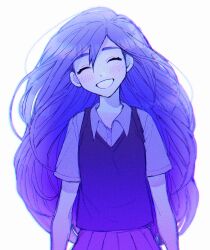 Rule 34 | 1girl, arms at sides, blush, buttons, closed eyes, collared shirt, colored skin, facing viewer, gradient hair, grin, hair behind ear, hair between eyes, highres, long hair, mari (headspace) (omori), mari (omori), multicolored hair, omori, purple shirt, purple skirt, purple sweater vest, shirt, short sleeves, skirt, smile, solo, sweater vest, thxzmgn, upper body, white background, white skin