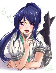 Rule 34 | 1girl, artist name, artist request, bare legs, black legwear, blue hair, blush, breasts, buttons, collarbone, female focus, floating hair, full body, green neckerchief, green necktie, grey sailor collar, grey skirt, hair between eyes, heart, high ponytail, highres, layered skirt, long hair, looking at viewer, love live!, love live! sunshine!!, matsuura kanan, miniskirt, nail, nail polish, neckerchief, necktie, no shoes, parted lips, pink nails, plaid, plaid skirt, pleated, pleated skirt, ponytail, puffy short sleeves, puffy sleeves, purple eyes, sailor collar, school uniform, shirt, short sleeves, skirt, small breasts, smile, solo, tie clip, uranohoshi school uniform, wavy hair, white background, white shirt