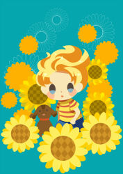 Rule 34 | 1boy, animal, blonde hair, blue background, blue footwear, blush stickers, boney, brown dog, dog, flower, hitofutarai, looking at viewer, lucas (mother 3), male focus, mother (game), mother 3, nintendo, open mouth, shirt, short hair, short sleeves, solid oval eyes, solo, striped clothes, striped shirt, sunflower, yellow flower