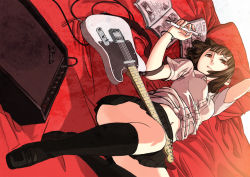 Rule 34 | 1girl, amplifier, bed, blunt bangs, book, brown hair, convenient leg, dress shirt, electric guitar, fender (company), fender telecaster, fujita (condor), guitar, hime cut, instrument, looking at viewer, lying, navel, on back, original, pen, pleated skirt, red eyes, shirt, shoes, skirt, solo