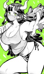 Rule 34 | 1girl, absurdres, ahoge, anger vein, bikini, blush, breasts, cleavage, club, club (weapon), commentary, covered mouth, curvy, feet out of frame, foreshortening, furrowed brow, glaring, green background, green eyes, greyscale with colored background, highres, holding, holding weapon, horns, kanabou, large breasts, long hair, looking at viewer, mask, mouth mask, one piece, outstretched arm, over shoulder, side-tie bikini bottom, simple background, sleeveless, solo, spot color, standing, swimsuit, tank top, thighs, ulti (one piece), weapon, weapon over shoulder, yotsumi shiro