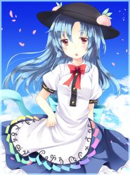 Rule 34 | 1girl, :o, ajiriko, bad id, bad pixiv id, blue hair, cherry blossoms, collared shirt, day, dress, food, food on head, fruit, fruit on head, hat, highres, hinanawi tenshi, long hair, object on head, open mouth, peach, red eyes, sash, shirt, skirt, sky, solo, touhou