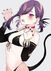 Rule 34 | 1girl, absurdres, bare shoulders, belt collar, bikini, black bikini, black nails, black sleeves, blush, breasts, claw pose, collar, collarbone, detached sleeves, front-tie bikini top, front-tie top, grey background, hair over one eye, hands up, highres, huge filesize, kayahara, long sleeves, looking at viewer, low twintails, medium hair, mole, mole under mouth, nail polish, navel, open mouth, original, pink eyes, purple hair, red collar, short twintails, simple background, small breasts, solo, string bikini, swept bangs, swimsuit, tail, twintails, upper body
