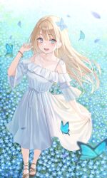 Rule 34 | 1girl, :d, absurdres, blonde hair, blue butterfly, blue eyes, blue flower, bracelet, bug, butterfly, clothes lift, collarbone, dress, dress lift, field, flower, flower field, fujizarashi, full body, hair between eyes, hair flower, hair ornament, hand in own hair, highres, insect, jewelry, long hair, looking at viewer, nemophila (flower), off-shoulder dress, off shoulder, open mouth, original, petals, smile, solo, standing, white dress