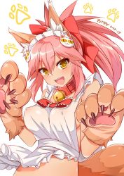 Rule 34 | 1girl, animal ears, animal hands, apron, artist name, bell, breasts, cleavage, collar, fang, fate/grand order, fate (series), fox ears, fox tail, hair ribbon, highres, kneeling, large breasts, long hair, looking at viewer, maid headdress, md5 mismatch, naked apron, neck bell, nekomicha, nipples, open mouth, pink hair, ponytail, resized, resolution mismatch, ribbon, see-through, sideboob, sidelocks, signature, smile, solo, source larger, tail, tamamo (fate), tamamo cat (fate), tamamo cat (third ascension) (fate), tamamo no mae (fate/extra), yaman (yamanta lov), yellow eyes