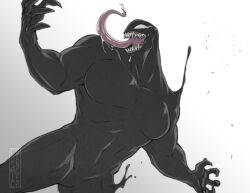 Rule 34 | 1boy, bara, black skin, colored skin, cowboy shot, dutch angle, evil smile, large pectorals, long tongue, male focus, monster boy, muscular, muscular male, outstretched arms, pectorals, saliva, sharp teeth, slime boy, smile, solo, spread arms, standing, symbiote, teeth, tongue, tongue out, venom (2018), venom (marvel), weatherbane