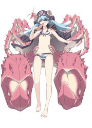 Rule 34 | 1girl, barefoot, bikini, biting, blue hair, coat, crab, eyepatch, flat chest, front-tie top, hat, heroes placement, highres, jacket, jacket on shoulders, long hair, navel, noraico, open clothes, open coat, original, pirate, pirate hat, red eyes, shrimp, solo, squid, striped bikini, striped clothes, swimsuit