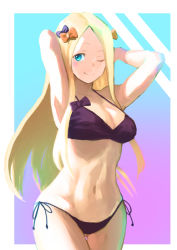 Rule 34 | 1girl, abigail williams (fate), aged up, armpits, backlighting, bare shoulders, bikini, black bow, blonde hair, blue background, blue eyes, blush, bow, breasts, cleavage, closed mouth, collarbone, fate/grand order, fate (series), forehead, gradient background, hair bow, large breasts, long hair, looking at viewer, multiple hair bows, navel, one eye closed, orange bow, outside border, parted bangs, purple background, purple bikini, side-tie bikini bottom, smile, solo, summer sky, swimsuit