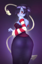 Rule 34 | 1girl, absurdres, artist request, ass, bare shoulders, blush, breasts, colored skin, detached sleeves, dress, embarrassed, from behind, hair over one eye, highres, huge ass, leviathan (skullgirls), long hair, looking at viewer, looking back, looking down, purple hair, purple skin, red eyes, shiny skin, sideboob, skirt, skullgirls, smile, squigly (skullgirls), zombie, zombie girl