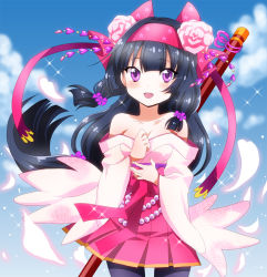 Rule 34 | 1girl, :d, bare shoulders, beads, black hair, black pantyhose, bow, cloud, day, flower, flower knight girl, hair bow, hair flower, hair ornament, hairband, highres, japanese clothes, kimono, long hair, looking at viewer, low-tied long hair, masako (sabotage-mode), open mouth, pantyhose, pink bow, pink skirt, pleated skirt, purple eyes, shakuyaku (flower knight girl), skirt, sky, smile, solo, staff