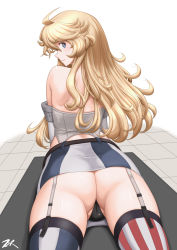 Rule 34 | 1girl, ahoge, american flag legwear, ass, asymmetrical legwear, bare shoulders, black panties, blonde hair, blue eyes, elbow gloves, flat ass, from behind, garter straps, gloves, highres, iowa (kancolle), kantai collection, lying, mismatched legwear, on stomach, panties, smile, solo, star-shaped pupils, star (symbol), symbol-shaped pupils, t2r, thighhighs, underwear