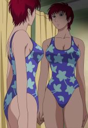 Rule 34 | 1girl, aikawa maki, air master, bare shoulders, blush, breasts, earrings, female focus, jewelry, mirror, one-piece swimsuit, red hair, screencap, solo, standing, stitched, swimsuit, third-party edit