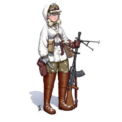 Rule 34 | 1girl, absurdres, blonde hair, blue eyes, boots, brown mittens, camouflage, camouflage jacket, finland, finnish army, finnish clothes, full body, gloves, gun, gun sling, hat, highres, holding, holding gun, holding weapon, jacket, lahti-saloranta m/26, light machine gun, long sleeves, military, military uniform, mittens, original, ostwindprojekt, pants, simple background, snow, solo, twintails, uniform, weapon, white background, winter clothes