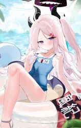 Rule 34 | 1girl, afloat, ahoge, ass, beach, blue archive, blue sky, blurry, blush, closed mouth, cloud, cloudy sky, collarbone, commentary request, day, demon girl, demon horns, demon wings, depth of field, dropaccount 17, forehead, hair ornament, hairclip, halo, highres, hina (blue archive), hina (swimsuit) (blue archive), horns, innertube, long hair, looking at viewer, name tag, ocean, official alternate costume, official alternate hairstyle, old school swimsuit, on innertube, one-piece swimsuit, one side up, parted bangs, purple eyes, school swimsuit, sidelocks, sketch, sky, solo, sweatdrop, swim ring, swimsuit, wavy hair, whistle, whistle around neck, white hair, wings