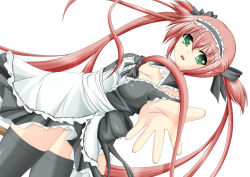Rule 34 | airi (queen&#039;s blade), breasts, cleavage, green eyes, long hair, maid, maid headdress, miyaman, outstretched hand, red hair, ribbon, thighhighs, twintails