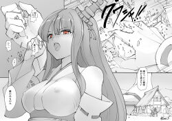 Rule 34 | architecture, bare shoulders, covered erect nipples, destruction, east asian architecture, fusou (kancolle), giant, giantess, hair ornament, highres, imminent vore, kantai collection, long hair, open mouth, red eyes, ribbon-trimmed sleeves, ribbon trim, seo tatsuya, size difference, tabi, wide sleeves